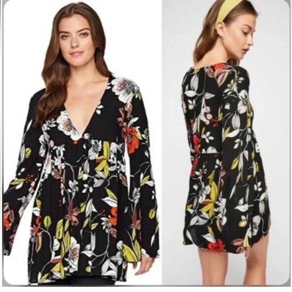 Free People Bella Floral Tunic / Mini Dress Bell Sleeves  Womens size M
